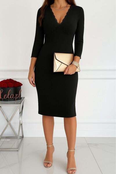 By Sevilen Collection Women's Fakir Sleeve V-Neck Lace Detailed Midi Janjan Crepe Dress