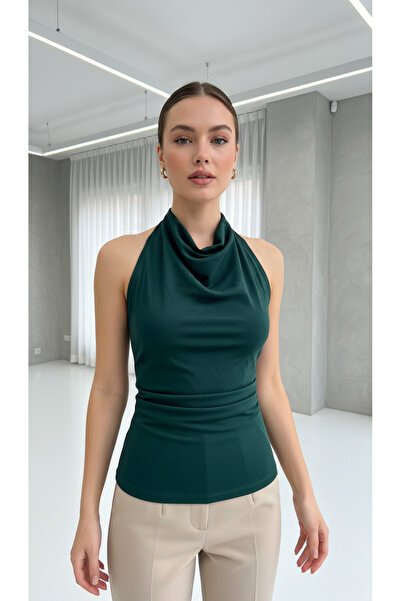 Eight Fashion Women's Halter Neck Low-Cut Blouse with Belt at Back