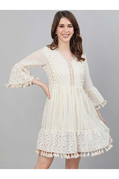 Ishin By Styli Tassel Trim Lace Insert Mini Dress