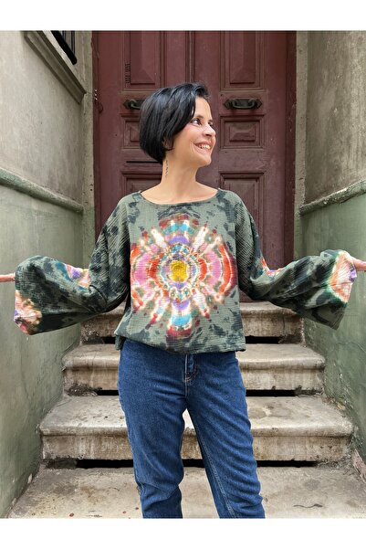 Bohoyasam Kadın Batik Bluz „Autumn Glow” – El Boyaması, %100 Pamuk/Müslin, Ge...