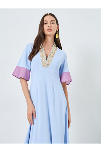 Take Two By Styli Blue Color Block Sequin Detail Maxi Dress