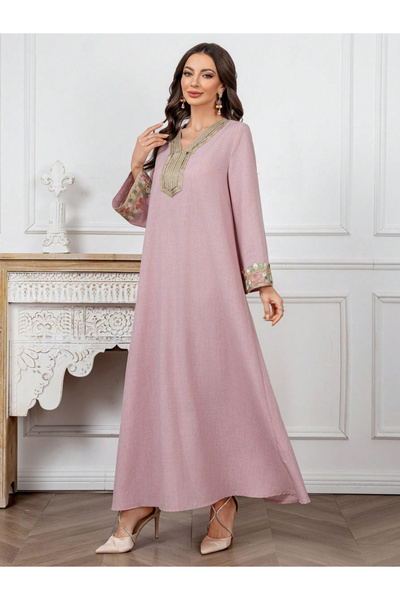 Take Two By Styli Embroidery Detail Long Sleeve Maxi Jalabiya