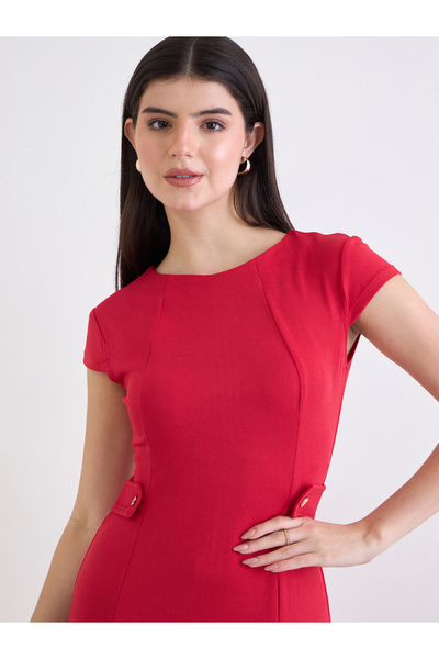 Styli Women Red Plain Short Sleeves A-Line Midi Dress