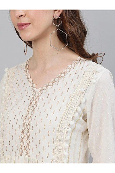 Ishin By Styli Tassel Trim Lace Insert Mini Dress