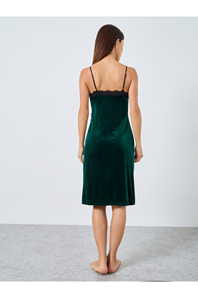 Styli Velvet Contrast Lace Trim Thigh Slit Slip Dress