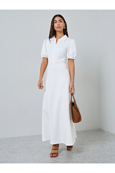 Styli White Textured Maxi Dress with Puff Sleeves