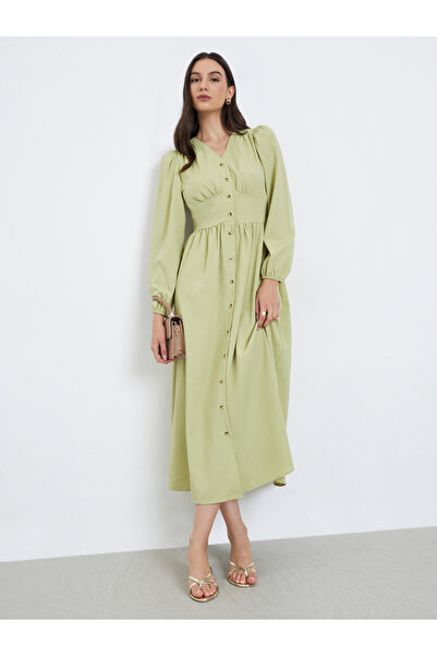 Styli Green A-Line Midi Dress with Long Sleeves