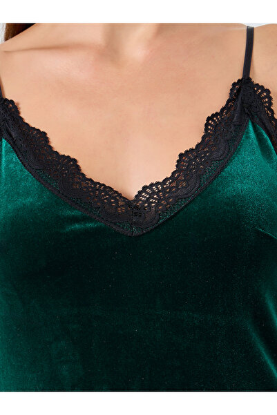 Styli Velvet Contrast Lace Trim Thigh Slit Slip Dress