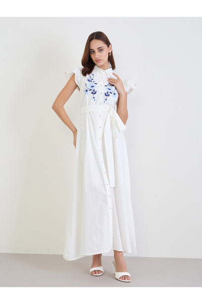 Styli White Embroidered Yoke Shirt Maxi Dress