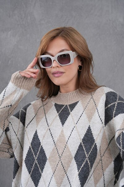 Miss Allos Women's Crew Neck Diamond Pattern Long Sleeve Knit Sweater