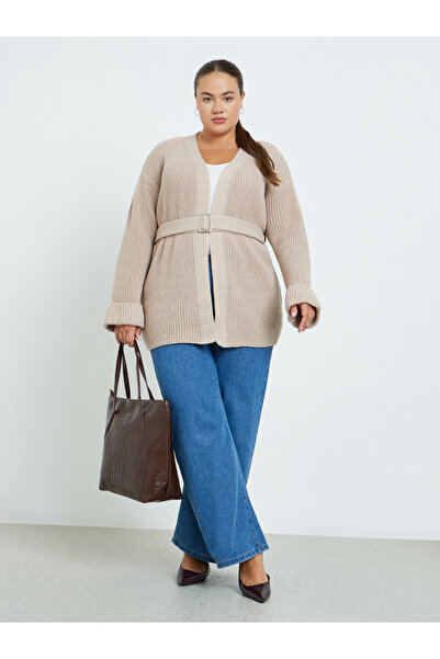 Styli Plus Size Beige Knit Belted Cardigan