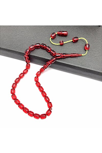 KANUNİ TESBİH سبحة من العنبر الأحمر الناري مقطوعة على شكل كبسولة صغيرة الحجم 134