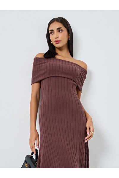 Styli Brown Bardot Neck Ribbed Maxi Dress