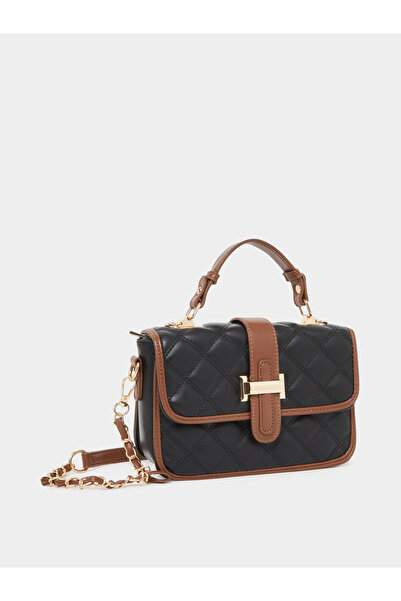 Styli Black Quilted Handbag with Belt Buckle Detail