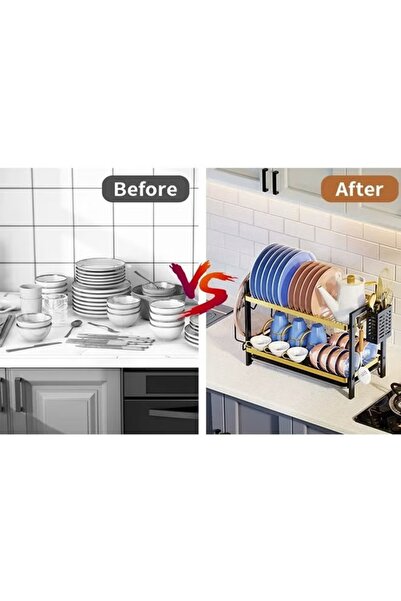 FLYROAD Dish Drying Rack with Drainboard 2 Tier Dish Rack (Gold)