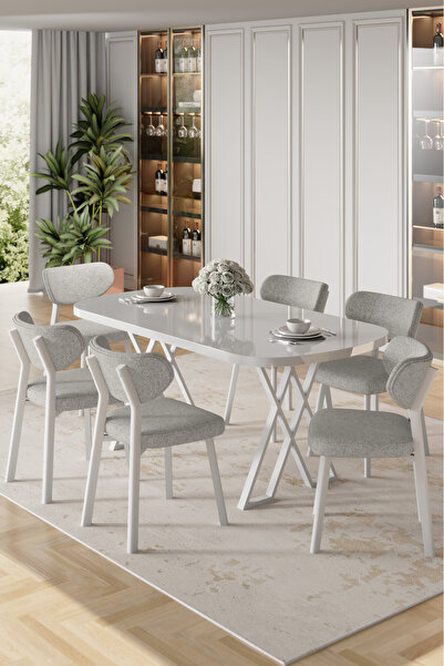 Canisa Axton Serisi Sabit Mdf 90x168 Beyaz Mutfak Masa Takımı 6 Gri Sandalye