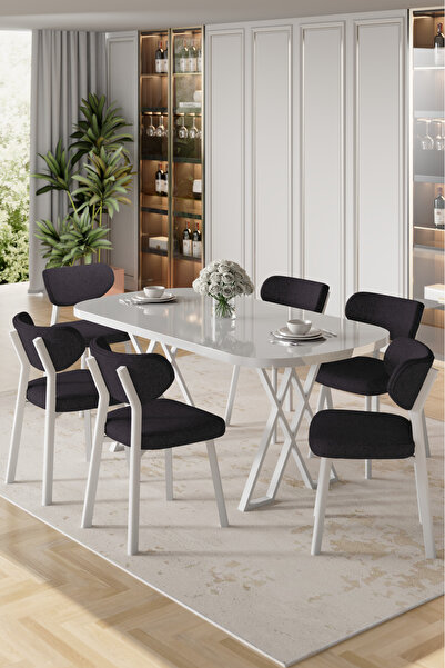 Canisa Axton Serisi Sabit Mdf 90x168 Beyaz Mutfak Masa Takımı 6 Antrasit Sand...