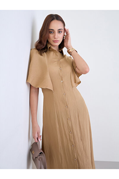 Styli Brown Textured Shirt Maxi Dress