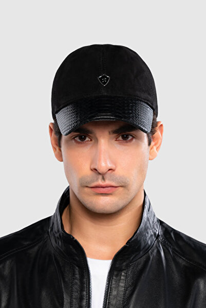 Tamer Tanca Ανδρικό καπέλο από γνήσιο δέρμα μαύρο σουέτ φιδιού