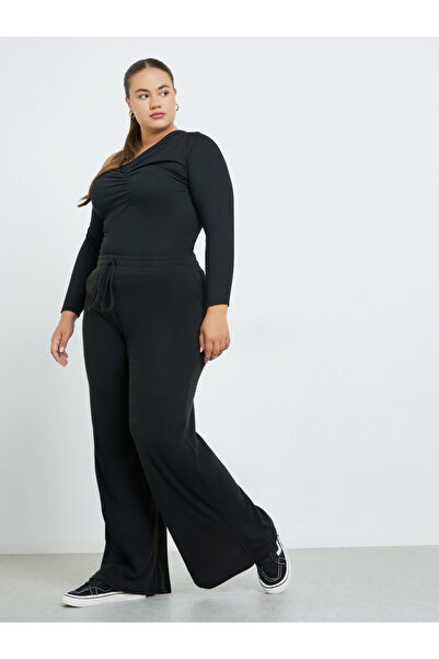 Styli Plus Size Black Knit Wide Leg Trousers