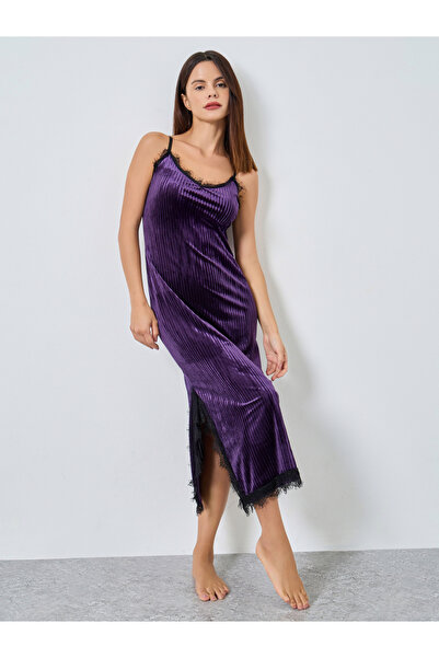 Styli Stripe Textured Velvet Lace Trim Slip Dress