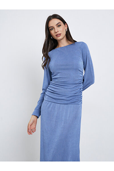 Styli Blue Gathered Detail Long Sleeve Midi Dress