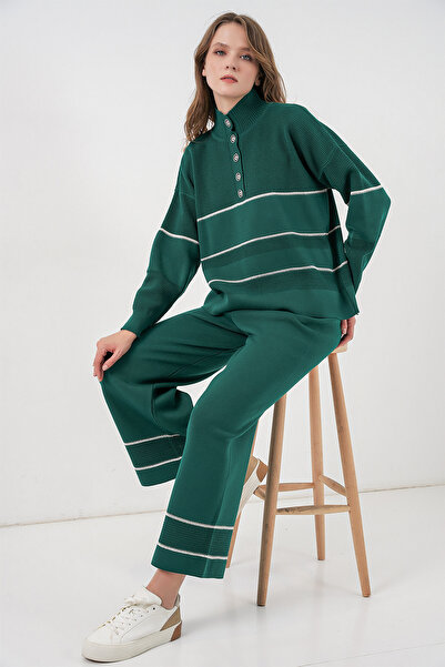 Bigdart Women's Striped Oversized Knitwear Double Suit 15957 - Emerald Green