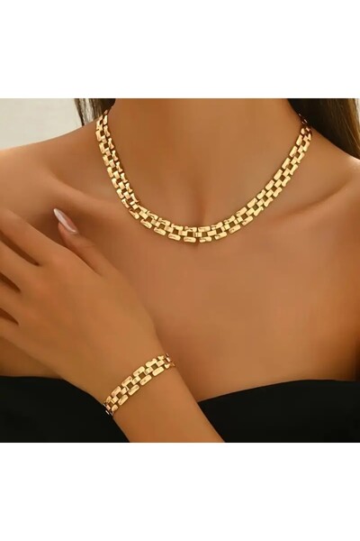 Visale Store Çelik vintage kare model Bileklik Kolye Set