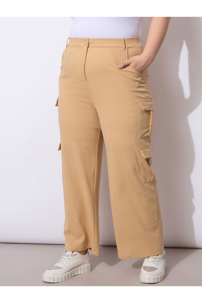 Sassafras By Styli Plus Size Beige Cargo Trousers