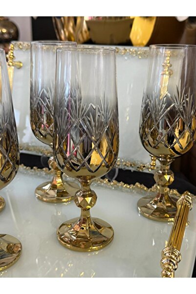 LOKMAN ZÜCCACİYE 6 Person Bohemia Crystal Hand Decorated Titanium Gold Coffee or Water Baragi Glass 180 ml
