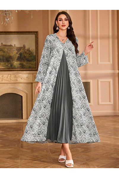 Take Two By Styli Floral Print Pleated Detail A-Line Maxi Jalabiya