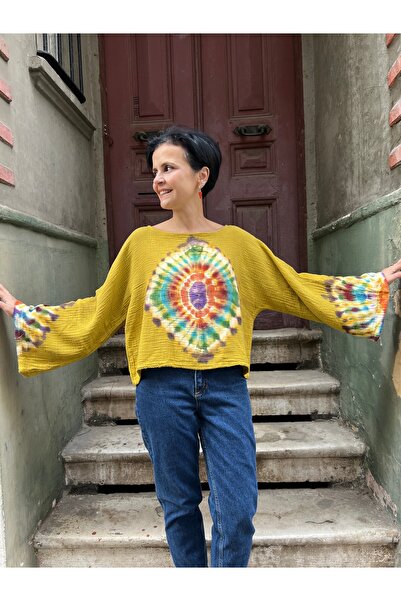 Bohoyasam Kadın Batik Bluz – El Boyaması, %100 Pamuk/Müslin, Geniş Kollu Boho...