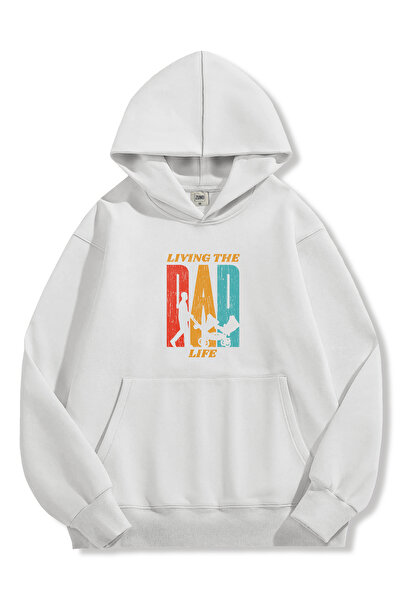 Zuno Men's White Oversized Fit Hooded Sweatshirt Living the Dad Life