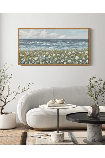 Emoda home Trove Wildflower Field Coastal Landscape Vintage Canvas Art 60x120cm Outer Framed
