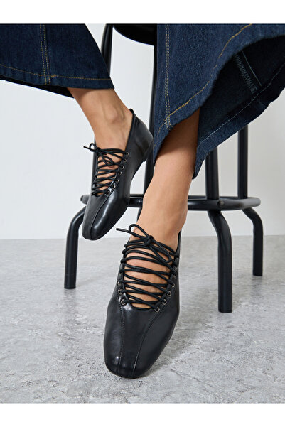 Styli Panelled Lace Vamp Ballerina Shoes with Back Pull Tab