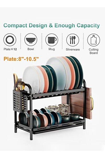 FLYROAD Two-Tier Dish Drying Rack Black for Kitchen