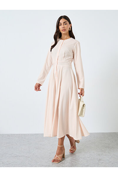Styli Cream Striped Midi Dress with Long Sleeves