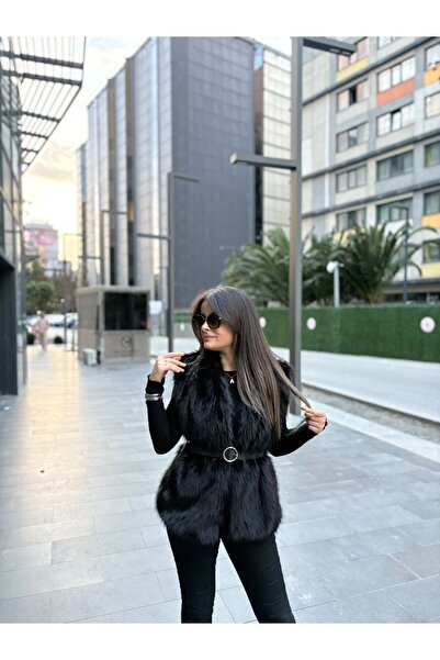 AYKA WEAR Belted Faux Black Fur Vest
