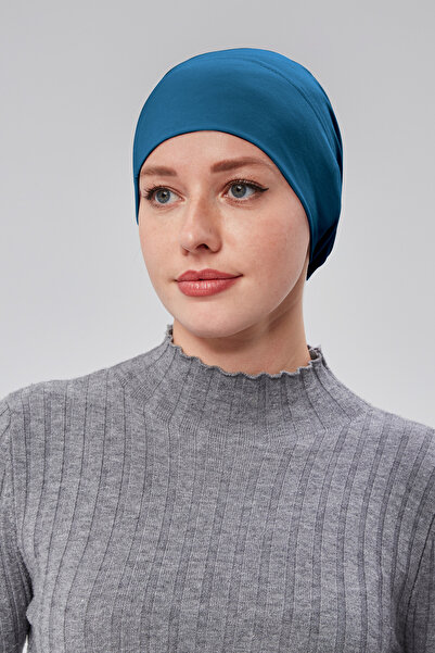 Sonbaharmoda Women's Hijab Ready-To-Wear Practical Snap-On Bonnet Elastic Non-Slip Petrol Color