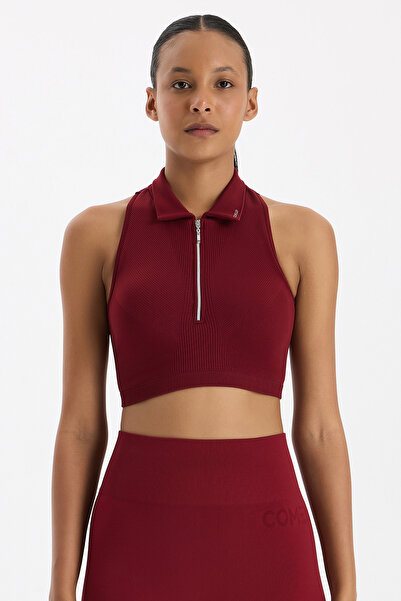 COMEUP Zippered Padded Polo Neck Crop Top Scarlet Red