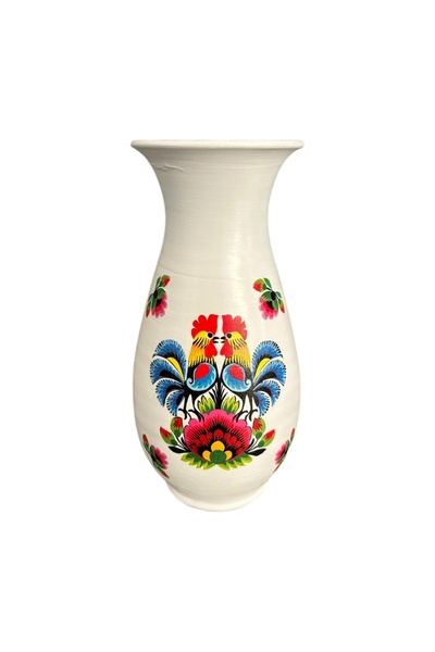 Ceramica Martinescu Vaza ceramica alba cu doi cocosi – Bucovina, 30 cm