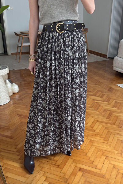 MAGARDE Çiçek Desen Tasarım Kemerli Pileli Şifon Etek- HAKİ