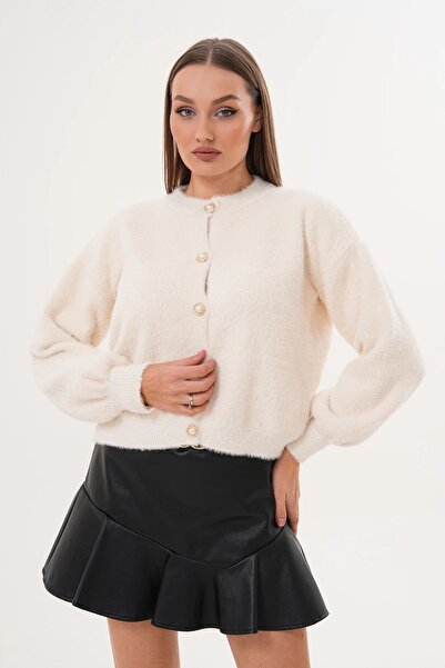 MİR Piedra Women's Pearl Button Crew Neck Balloon Sleeve Soft Texture Soft Bearded Cardigan