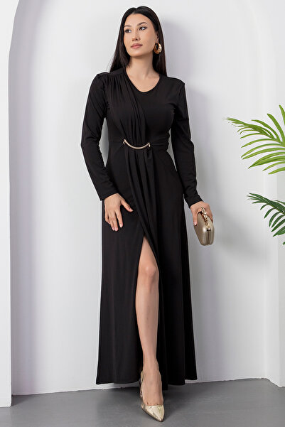 PULLIMM Crew Neck Moon Buckle Shoulder Drawstring Dress 2025-4391