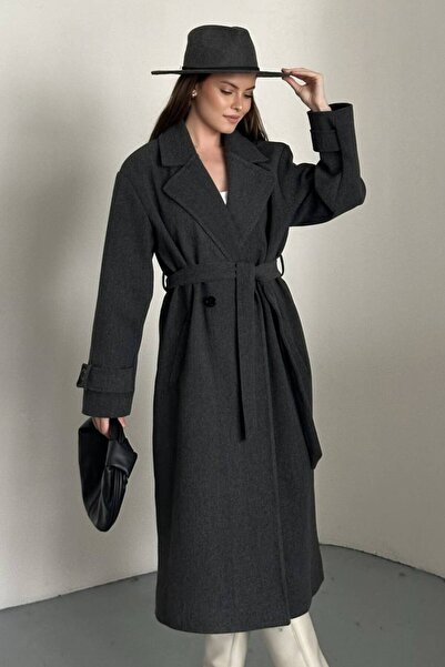 gm giyimarket Women's Knee-Length Cashmere Coat with Pockets and Belted Waist