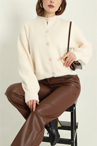 MİR Piedra Women's Pearl Button Crew Neck Balloon Sleeve Soft Texture Soft Bearded Cardigan