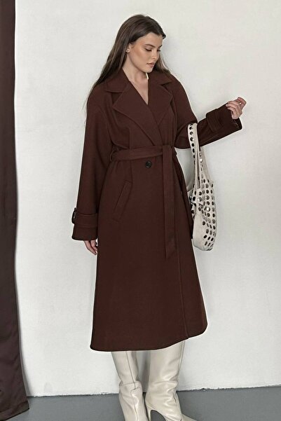 gm giyimarket Women's Knee-Length Cashmere Coat with Pockets and Belted Waist