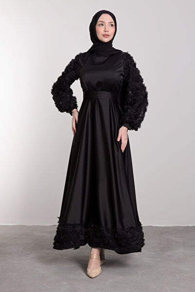 Lamia Giyim Gül Detay Saten Abiye Siyah