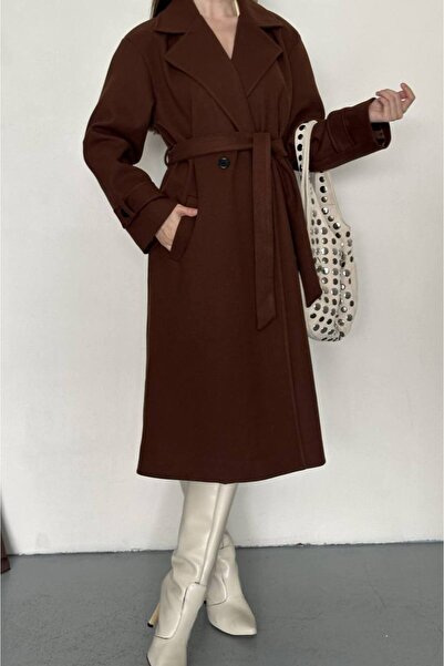 gm giyimarket Women's Knee-Length Cashmere Coat with Pockets and Belted Waist