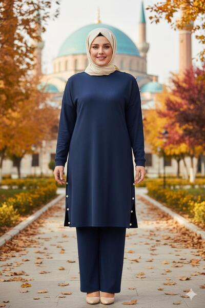 HESNA طقم بنطلون رياضي نسائي من Benan بأزرار وتصميم تونيك بلون النيلي